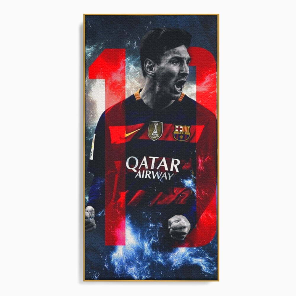 Tablou canvas cu tablou canvas cu fotbalistul messi, in rama de aluminiu auriu